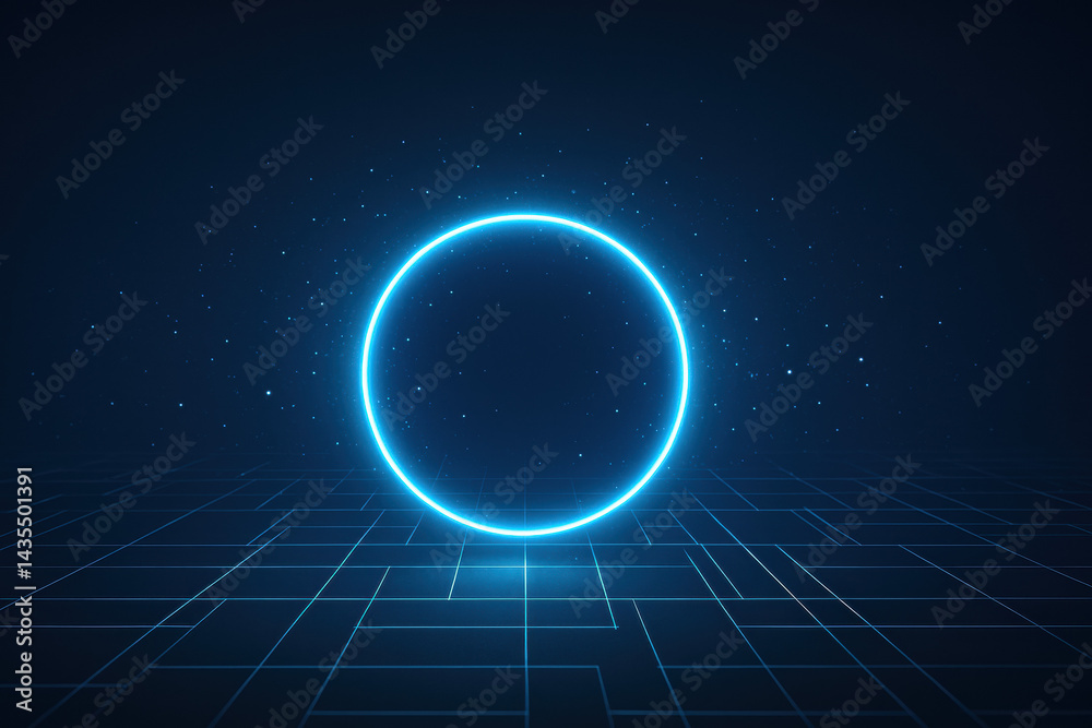Fototapeta premium A mesmerizing blue neon ring pulsates rhythmically above a sleek minimalist tech grid creating a striking focal point that embodies modern design and strategy