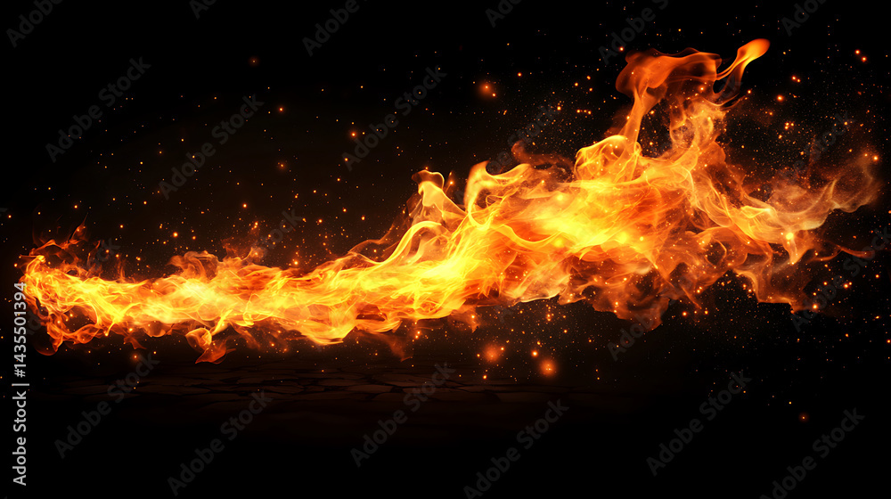 Dramatic fiery trail with glowing embers against black backdrop representing destruction power and intensity for creative graphic design elements Dramatic fiery trail with glowing embers against black backdrop representing destruction power and intensity for creative graphic design elements