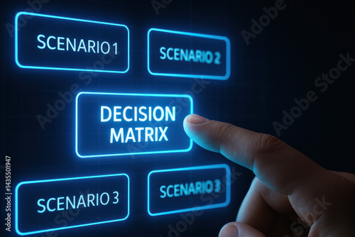 A business professional makes a strategic decision using a decision matrix interface highlighting analysis and growth opportunities within various scenarios