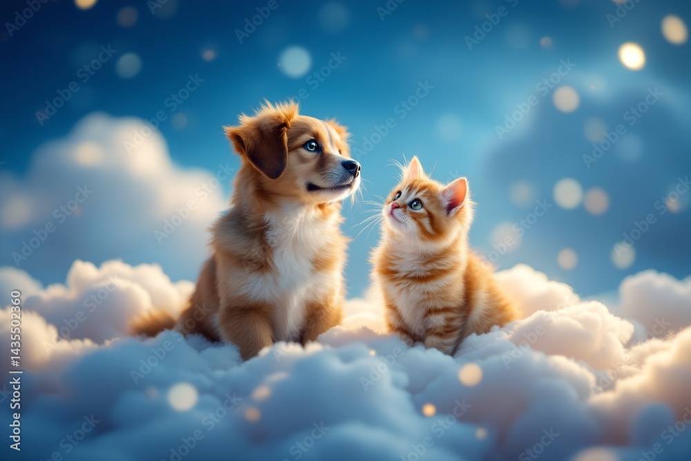 Cute puppy and kitten sitting side by side on fluffy clouds with glowing lights, dreamy background Cute puppy and kitten sitting side by side on fluffy clouds with glowing lights, dreamy background