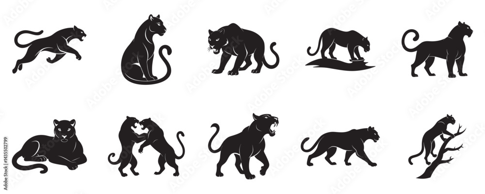 Obraz premium Panther Activities Silhouette Vector Set Hunting, Roaring, Leaping, Climbing on White Background