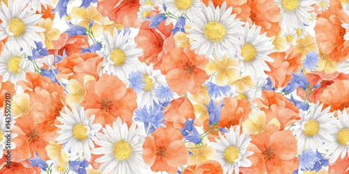 Fototapeta Naklejka Na Ścianę i Meble -  Watercolor Floral Pattern with Daisies, Poppies, and Cornflowers
