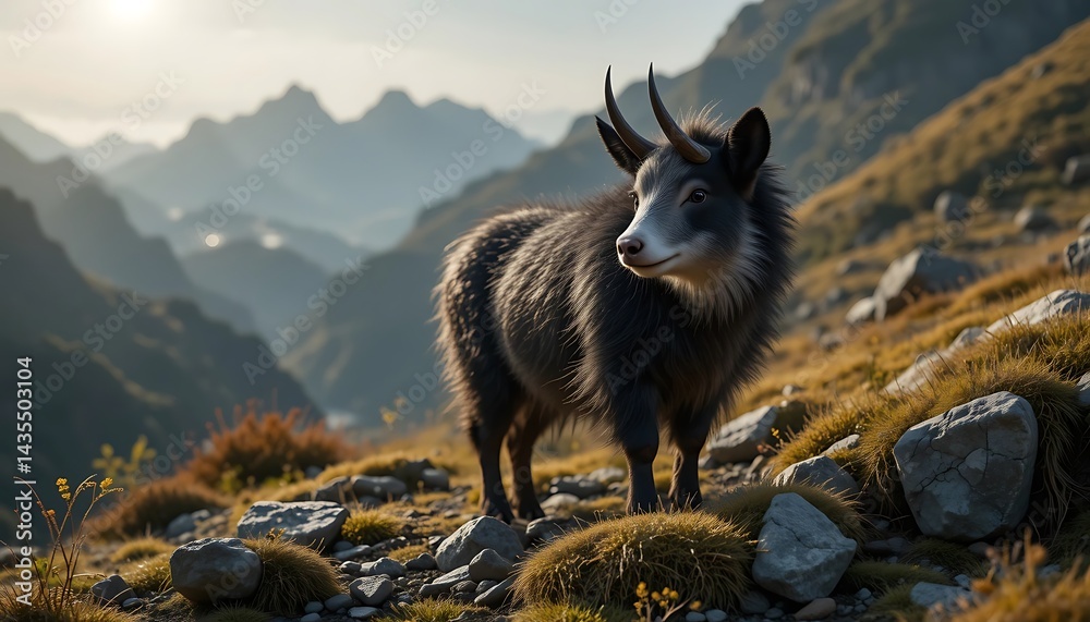 Obraz premium Majestic Takin: Mountain Majesty in Serene Sunrise