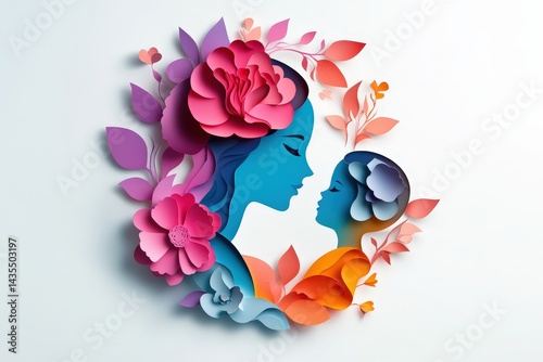 Colorful paper cutouts of a mother and child embracing.