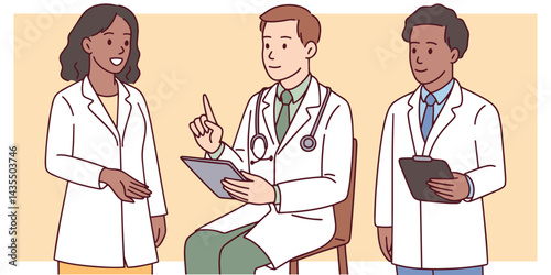 Two male doctors and one female doctor of different ethnicities stand together during a professional discussion in medical setting