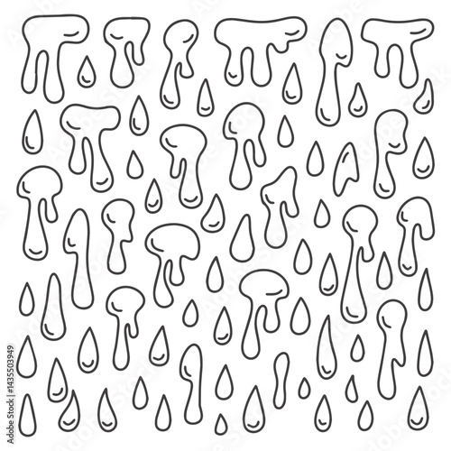 Doodle sketch of water drops and dripping liquid forms in black on white background
