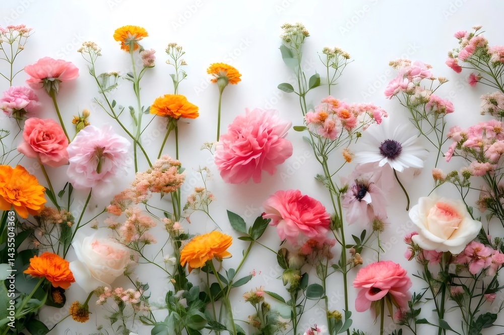 白の背景に様々な色合いの花が並んだ春の自然美咲く花のクローズアップ