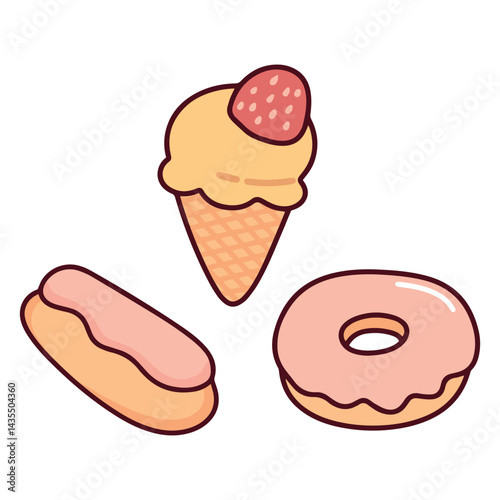 Set of strawberry-flavored treats including donut with glaze, ice cream cone and éclair. Sweet desserts with creamy topping