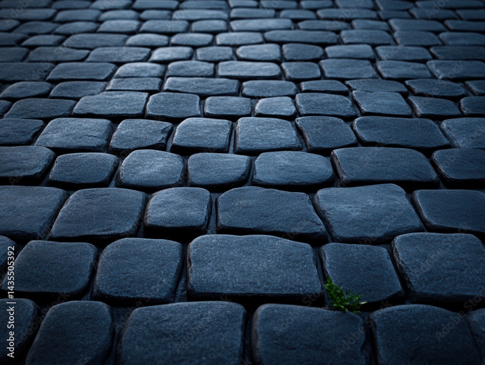 Fototapeta premium Cobblestone pavement texture with a single small plant sprouting between stones