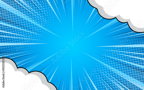 Pop art comic background with clouds and halftone dots. Vector Illustration