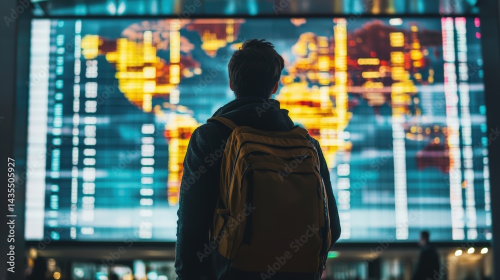 Traveler examining real-time digital flight map on high-tech airport terminal display. Global aviation network and worldwide connections during international travel journey for seamless navigation. Traveler examining real-time digital flight map on high-tech airport terminal display. Global aviation network and worldwide connections during international travel journey for seamless navigation.