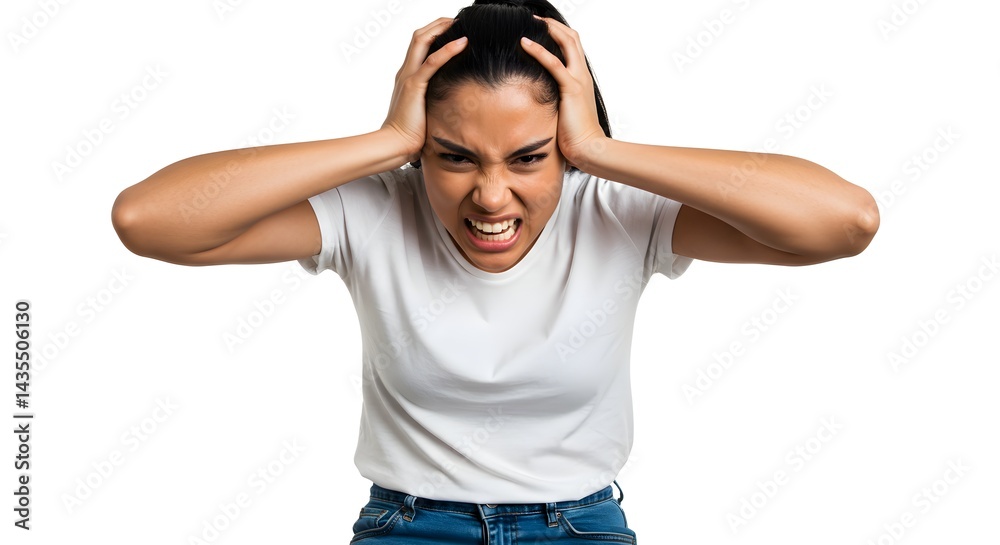 Fototapeta premium a woman wearing a white shirt with an angry expression while holding her head with both hands