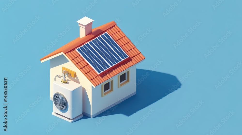 Solar-powered water heater mounted on residential roof capturing sun energy with thermal panels against light blue background in isometric low-poly 3D style showcasing sustainable home solutions