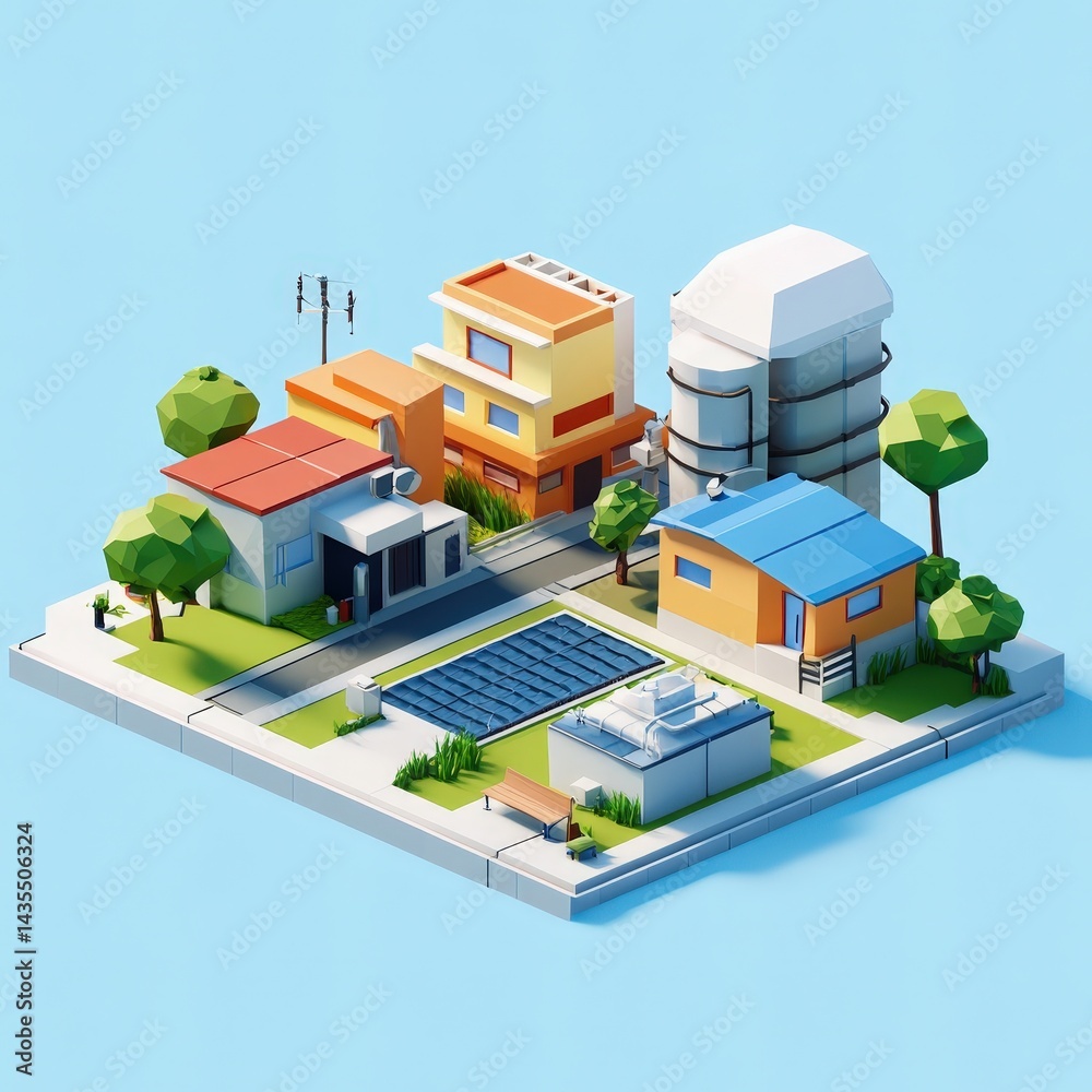 Rainwater harvesting system installed on residential rooftops collecting precipitation during rainy seasons for sustainable household water usage and garden irrigation presented on blue background
