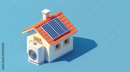 Obraz na płótnie Solar-powered water heater mounted on residential roof capturing sun energy with thermal panels against light blue background in isometric low-poly 3D style showcasing sustainable home solutions w salonie