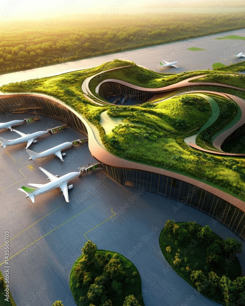 Futuristic airport terminal featuring green roofs and sleek electric aircraft parked at charging stations. Environmentally conscious travelers experience sustainable aviation technology in transit hub