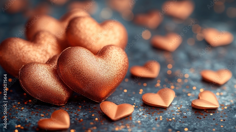 Obraz premium Rose gold hearts on dark background with glitter.