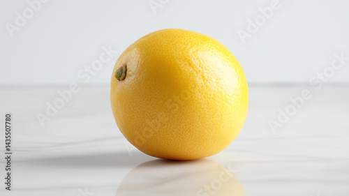 bright yellow lemon with smooth surface sits on white marble surface, casting soft shadow. simplicity and freshness of image evoke sense of purity and zest