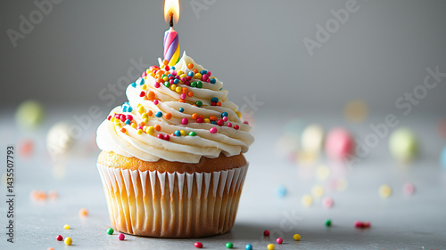 colorful birthday cupcake with vanilla frosting and lit candle sits on table, surrounded by scattered sprinkles. festive atmosphere is enhanced by soft focus background
