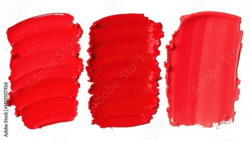 Three vibrant red paint smears display different textures and strokes for artistic inspiration, Assorted red paint smear smudge swatch on transparent background