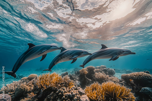 Playful dolphins gracefully leap through clear ocean water, surrounded by vibrant coral reefs and sunlight filtering through surface, creating serene underwater scene