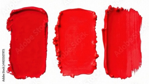 Three vibrant red paint smears display different textures and strokes for artistic inspiration, Assorted red paint smear smudge swatch on transparent background