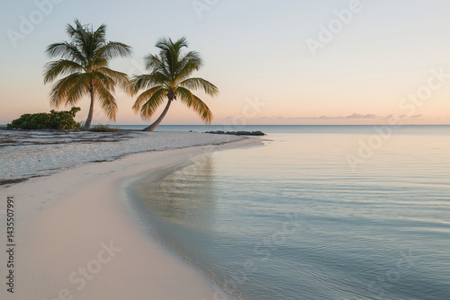 secluded tropical island with calm waters and soft sand, featuring two palm trees at sunset. tranquil scene evokes sense of peace and relaxation