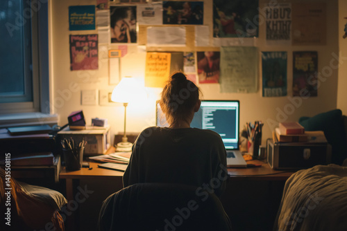 student is focused on studying in cozy dorm room, illuminated by warm desk lamp. room is decorated with posters and books, creating inspiring atmosphere