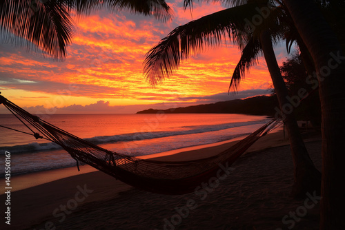 vibrant sunset over tropical beach creates serene atmosphere, with hammock gently swaying between palm trees. sky is ablaze with orange and pink hues, reflecting on calm sea
