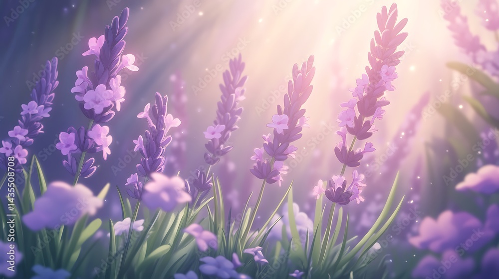 Naklejka premium Serene Purple Lavender Field in Soft Sunlight