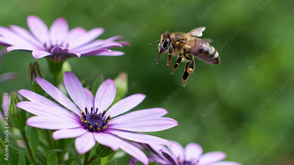 Bee Flying Near Purple Flower in Garden Close-Up Bee Flying Near Purple Flower in Garden Close-Up