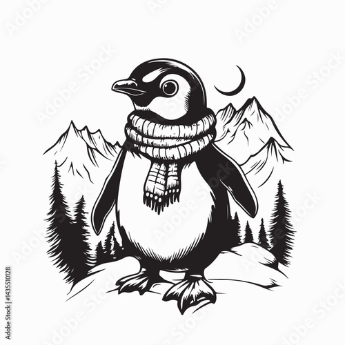 Winter Penguin Wearing Cozy Scarf Standing on a Cold Snowy Mountain Vector Artwork
