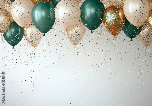 Elegant Green and Gold Balloons with Confetti on White Background