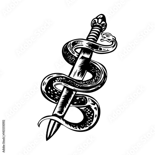 A vintage style illustration of a snake sword