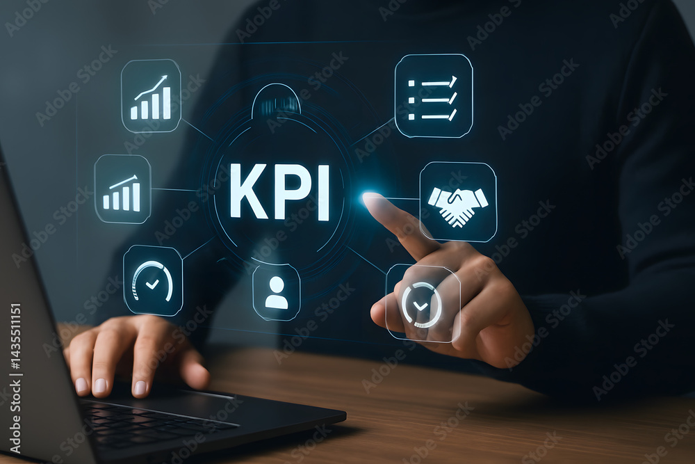 KPI Dashboard Analytics: A person interacts with a holographic KPI dashboard, showcasing key performance indicators and data analysis for business strategy. KPI Dashboard Analytics: A person interacts with a holographic KPI dashboard, showcasing key performance indicators and data analysis for business strategy.