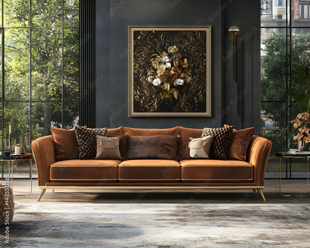 Fototapeta premium Luxurious brown velvet sofa in a modern living room with large windows and elegant decor. Perfect for upscale interior design websites or magazines.