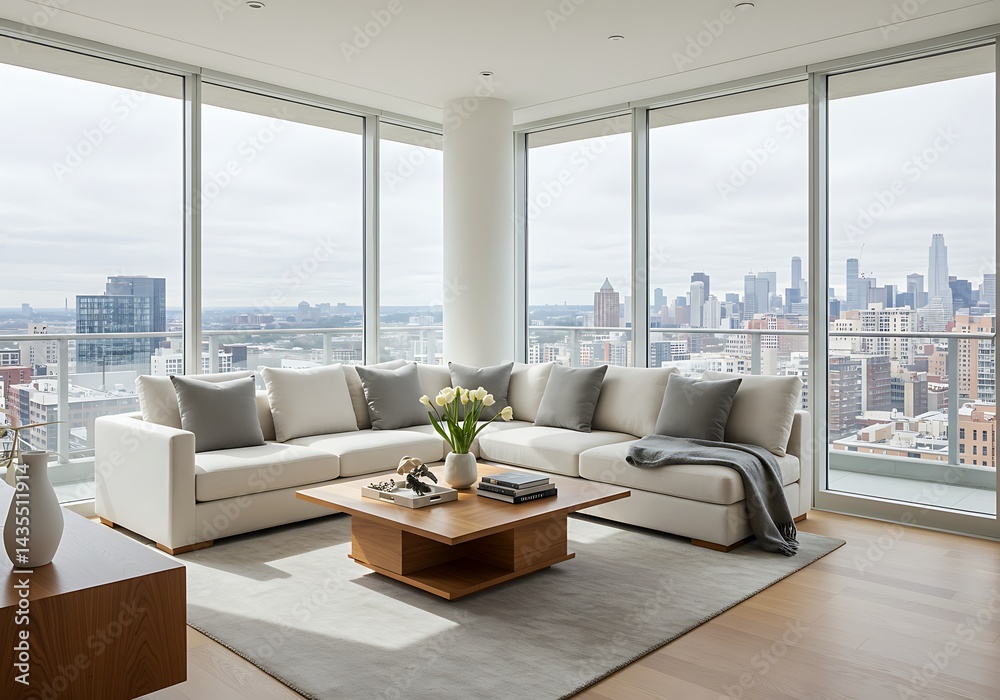 Fototapeta premium A bright living room with a white sectional sofa and a city view through large windows in a high rise