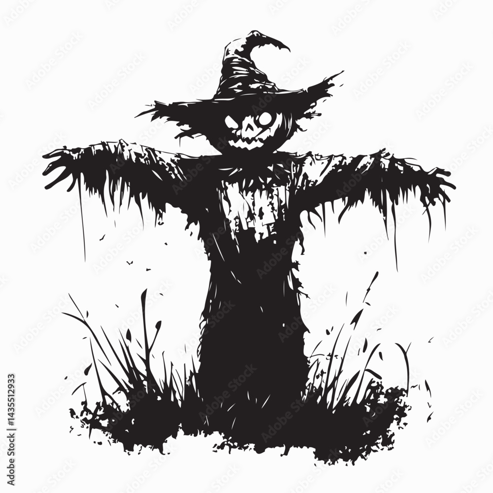 Obraz premium A spooky scarecrow with glowing eyes stands in a cornfield at dusk vector image.