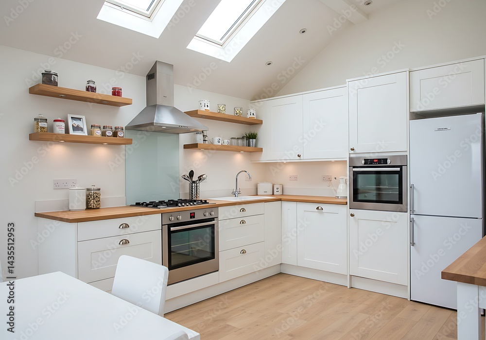 Fototapeta premium A bright kitchen with white cabinets wooden countertops and open shelves under skylights in a home