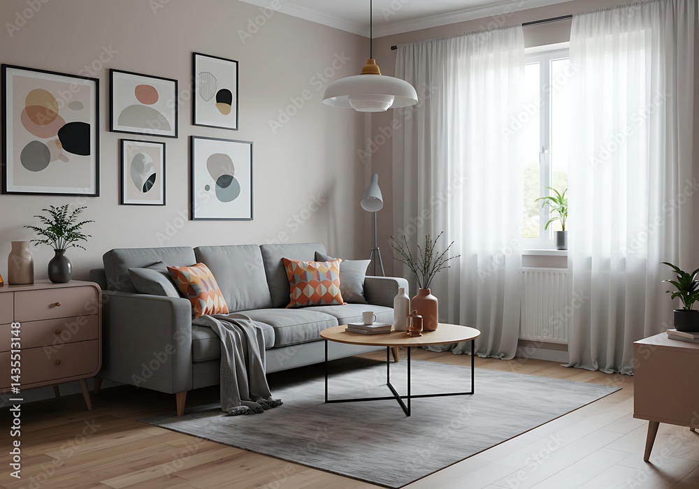 Fototapeta premium A living room with a gray sofa, a round coffee table, and abstract art on the wall in daylight