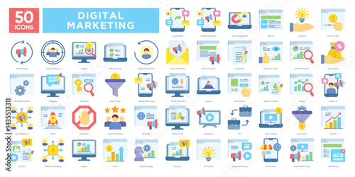 Digital marketing icons collection set, covering SEO, social media, email, analytics, content strategy, and online advertising. Ideal for campaigns, presentations, and marketing materials .