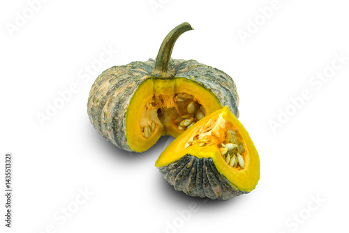 pumpkin on a white background, Fresh pumpkin fruit half and  a quarter sliced isolated on white background with closed up.