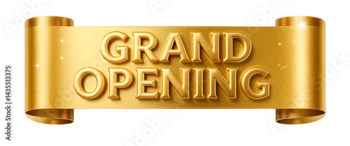 Gold ribbon banner, grand opening text isolated on a pure white background.