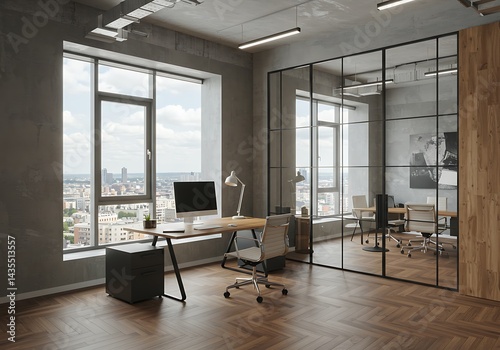 Modern office space with large windows and glass partition showcasing city views and office furniture