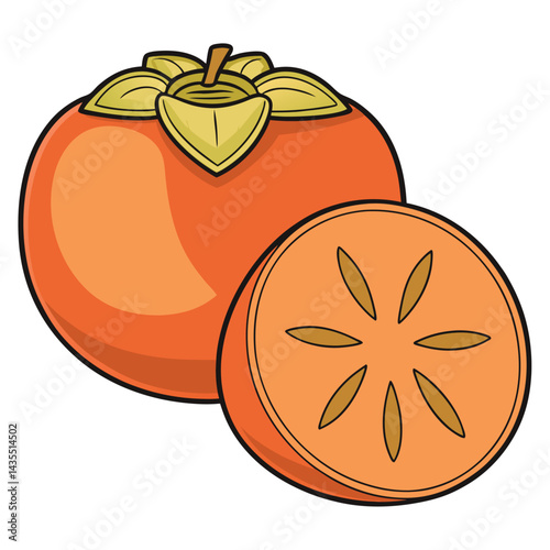 Whole and sliced persimmon fruit illustration