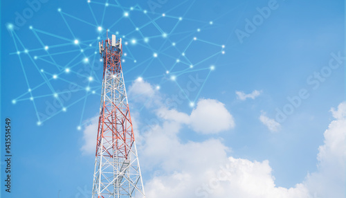 Telecommunication tower with digital network overlay on blue sky background, representing 5G technology, wireless communication, connectivity, and digital transformation for modern infrastructure.