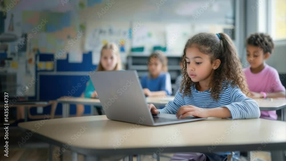 A girl sits at a table working on her laptop, focused on learning programming at a coding for kids workshop, coding, coding for kids, coding school A girl sits at a table working on her laptop, focused on learning programming at a coding for kids workshop, coding, coding for kids, coding school