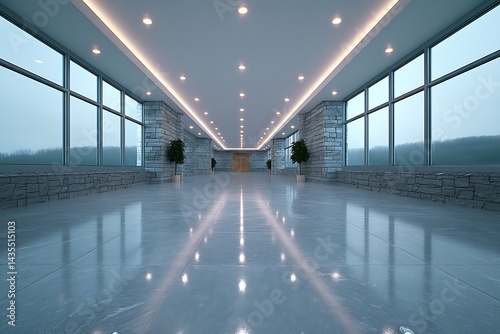Serene Office Corridor Modern Design with Stone Walls.