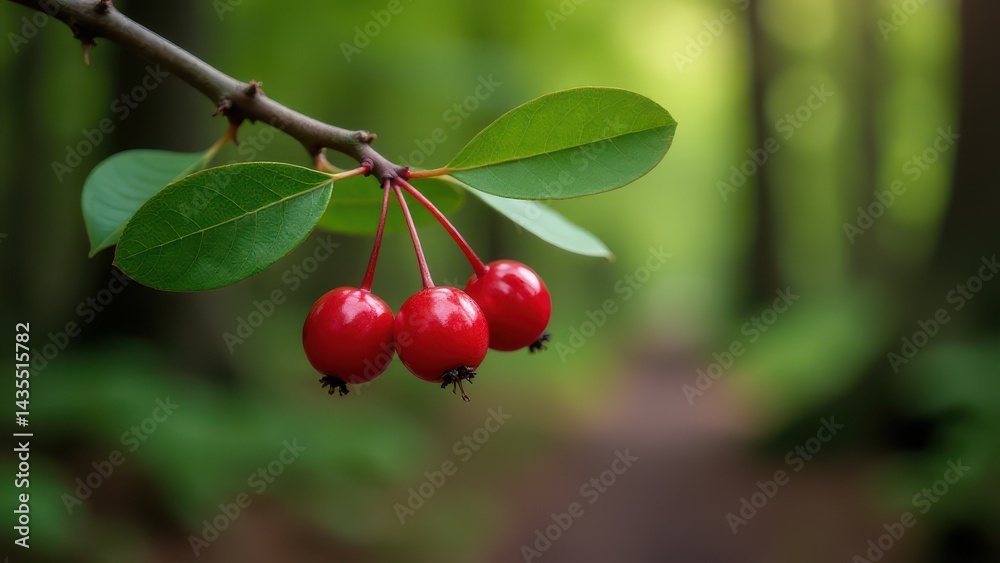 A close-up of bright red berries with deep green leaves on a branch against a blurred natural background A close-up of bright red berries with deep green leaves on a branch against a blurred natural background