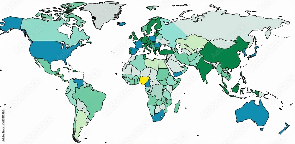 Fototapeta premium A colorful world map highlighting different regions, possibly indicating various data or statistics based on geographic location.